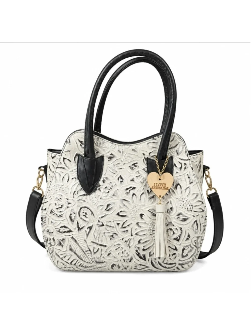 Black White Silver Embossed Tooled Artisan LEATHER Shoulder Bag Purse Crossbody